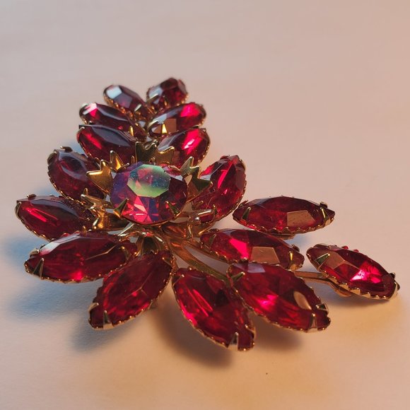 Vintage Large 2 1/2" Ruby Red and AB Rhinestones Prong Set Unsigned Brooch - Picture 3 of 8